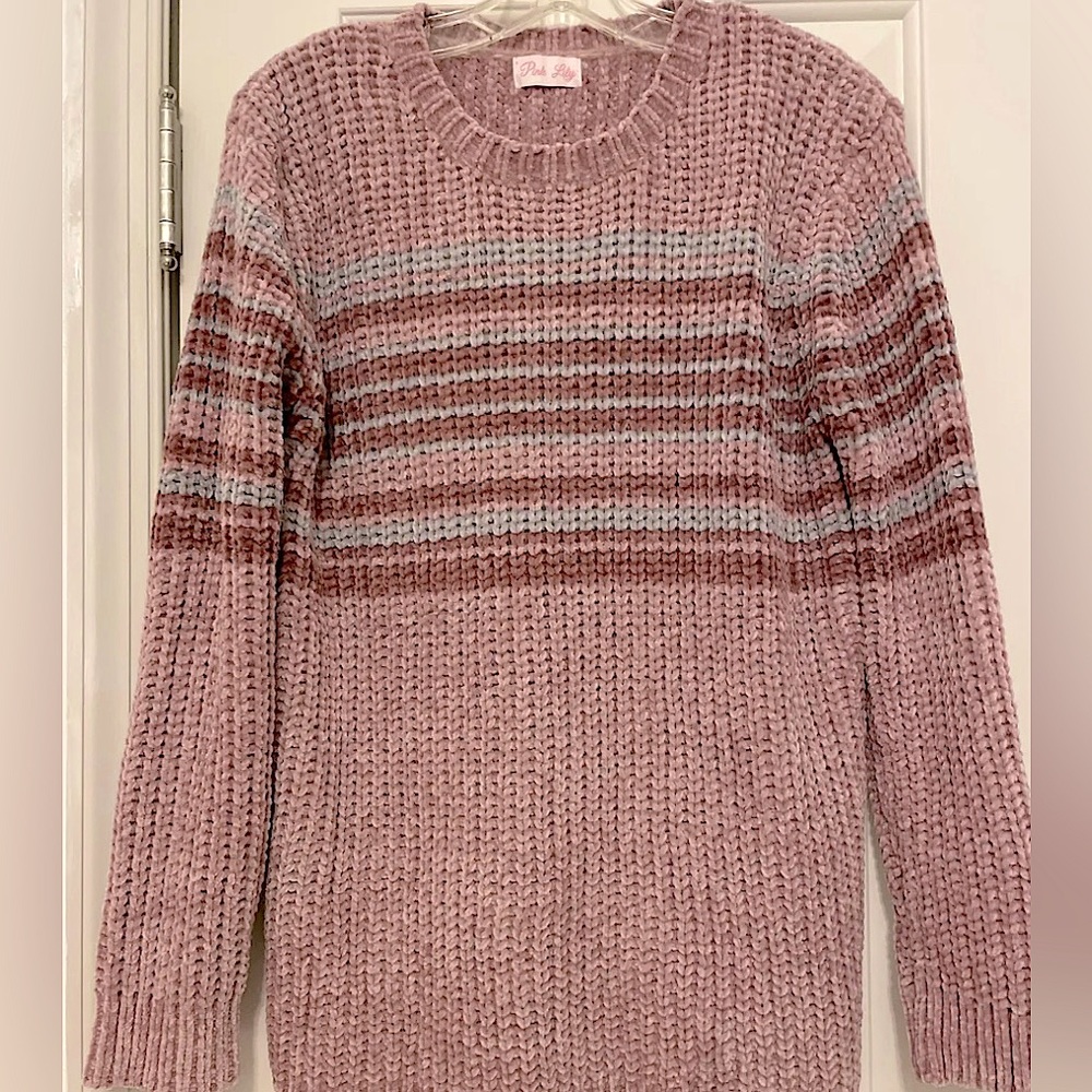**NWOT** PINK LILY Dusty Mauve & Pastel Stripe Chenille Sweater